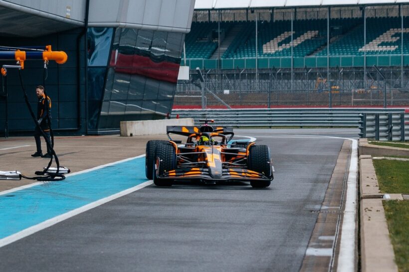 McLaren's 2025 F1 car MCL39 track debut Silverstone.